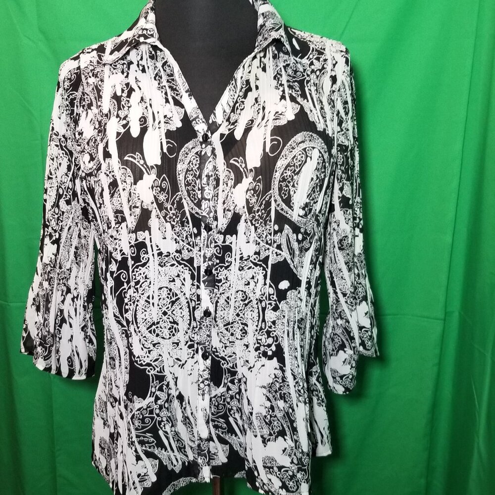 Lane Bryant 18/20 Black‎ White Chiffon Bell Sleeve Top Blouse Office Retro Boho
